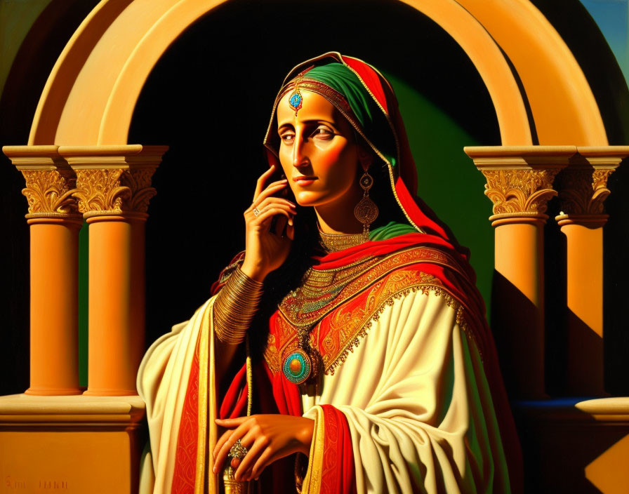 Traditional attire woman with headscarf and jewelry in contemplative pose against architectural backdrop