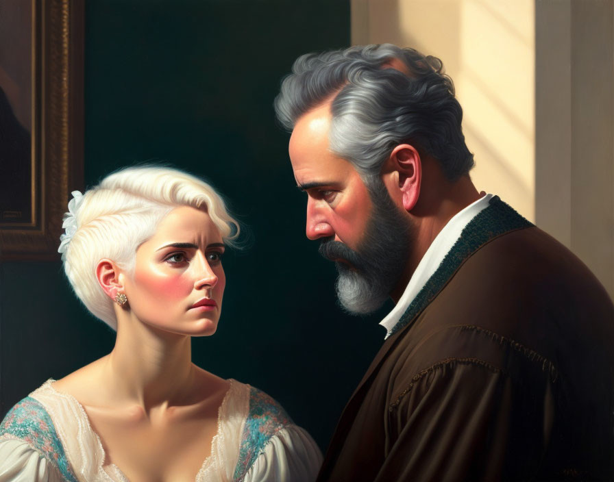 Vintage painting: Young woman with short blonde hair and man with grey hair and beard in intense gaze