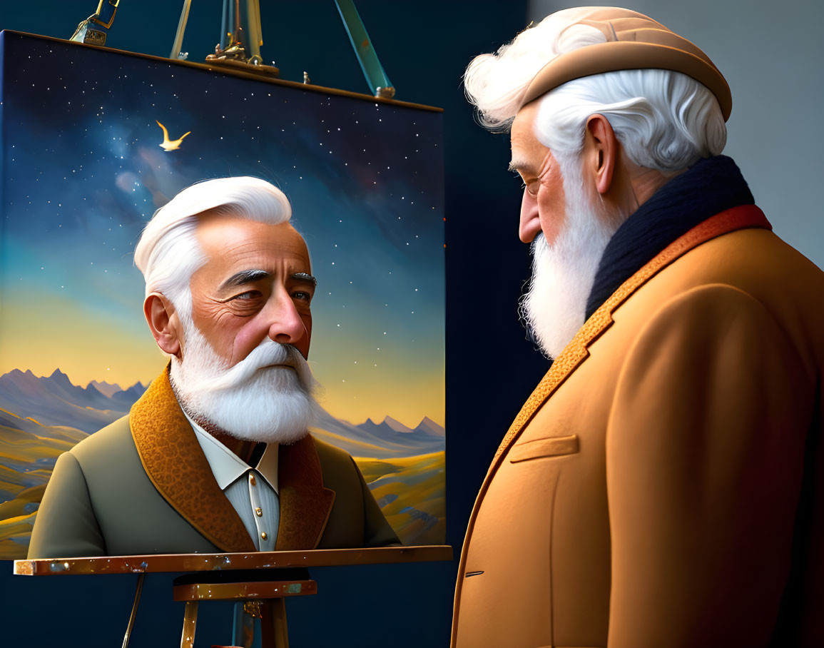 Elderly artist in cap and coat contemplates self-portrait with mountains and starry sky