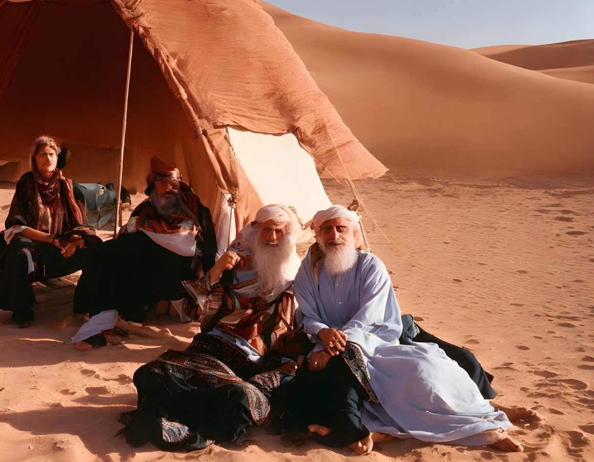 Traditional Dressed Group Sitting Under Desert Tent