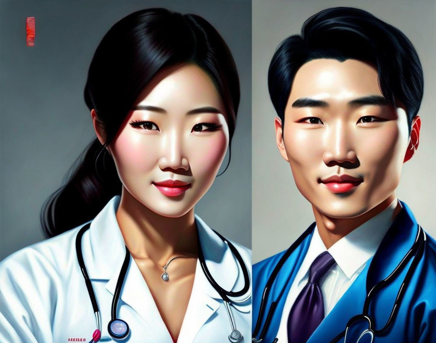 Asian Female and Male Medical Professionals in Stylized Portraits