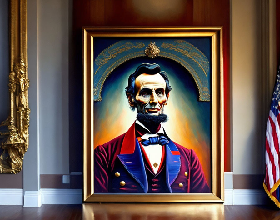 Modern portrait of Abraham Lincoln in golden frame with U.S. flag and ornate decor