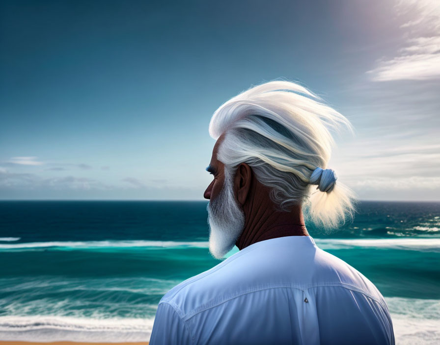 White-Haired Elderly Man Contemplating Ocean View