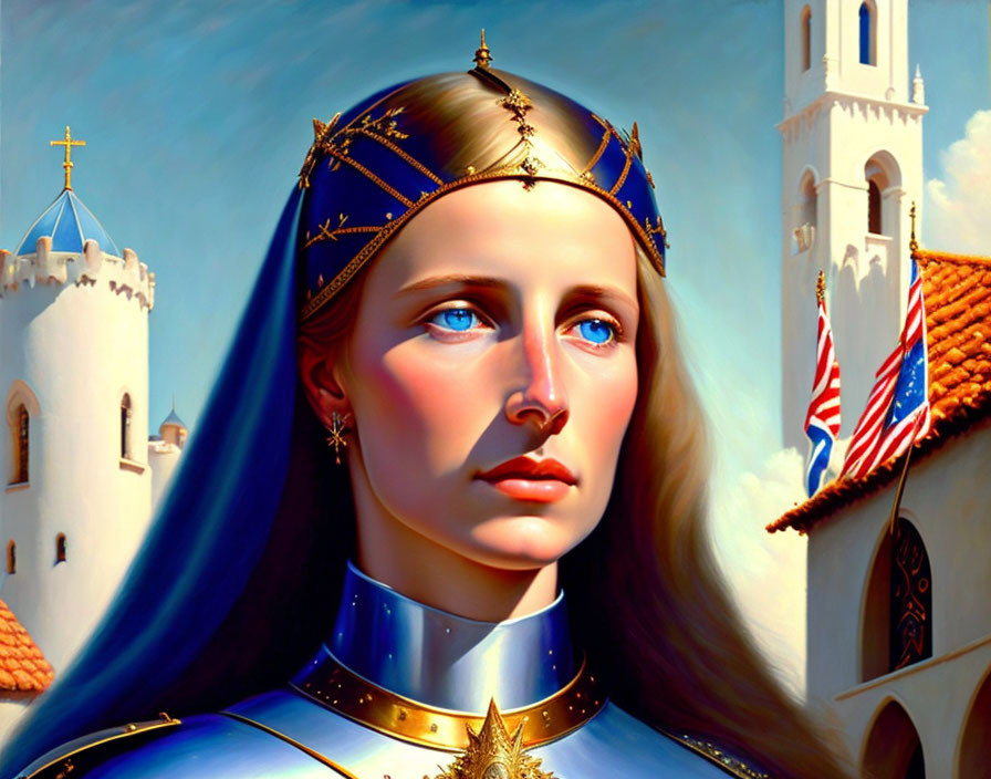 Medieval woman in armor with crown at castle backdrop