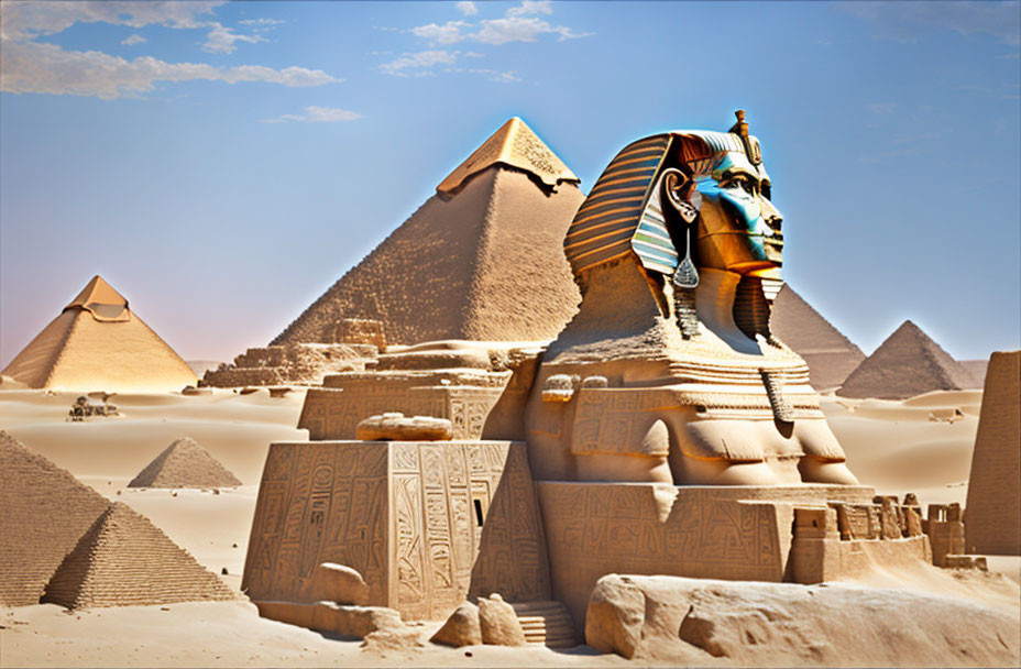 Ancient Pyramids and Sphinx in Desert Landscape