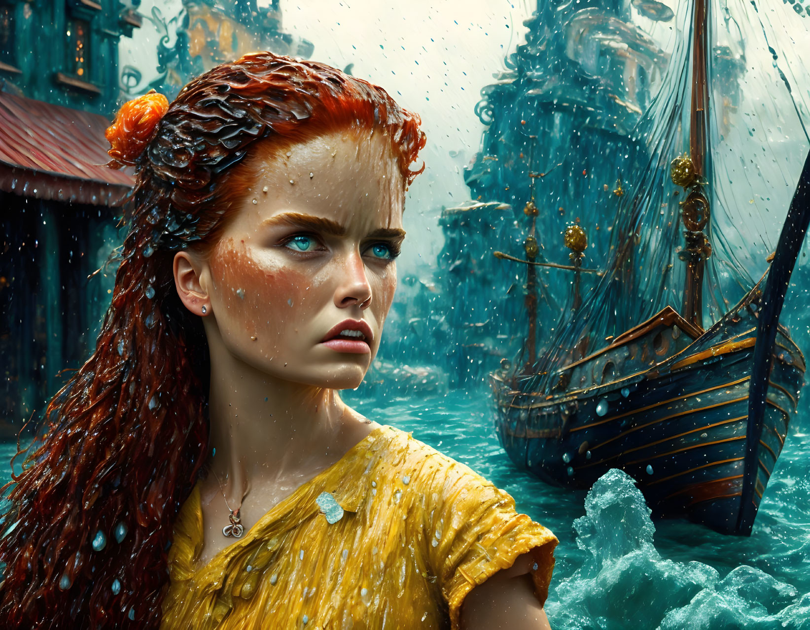 Reddish-Haired Woman in Yellow Dress in Rainy Storm with Old Ship