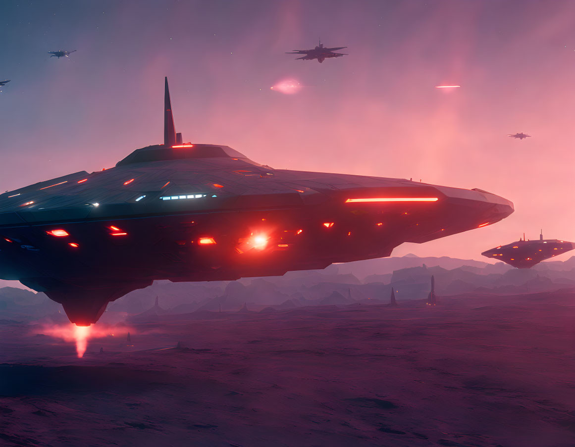 Futuristic spaceship above barren red landscape with smaller ships under pink sky