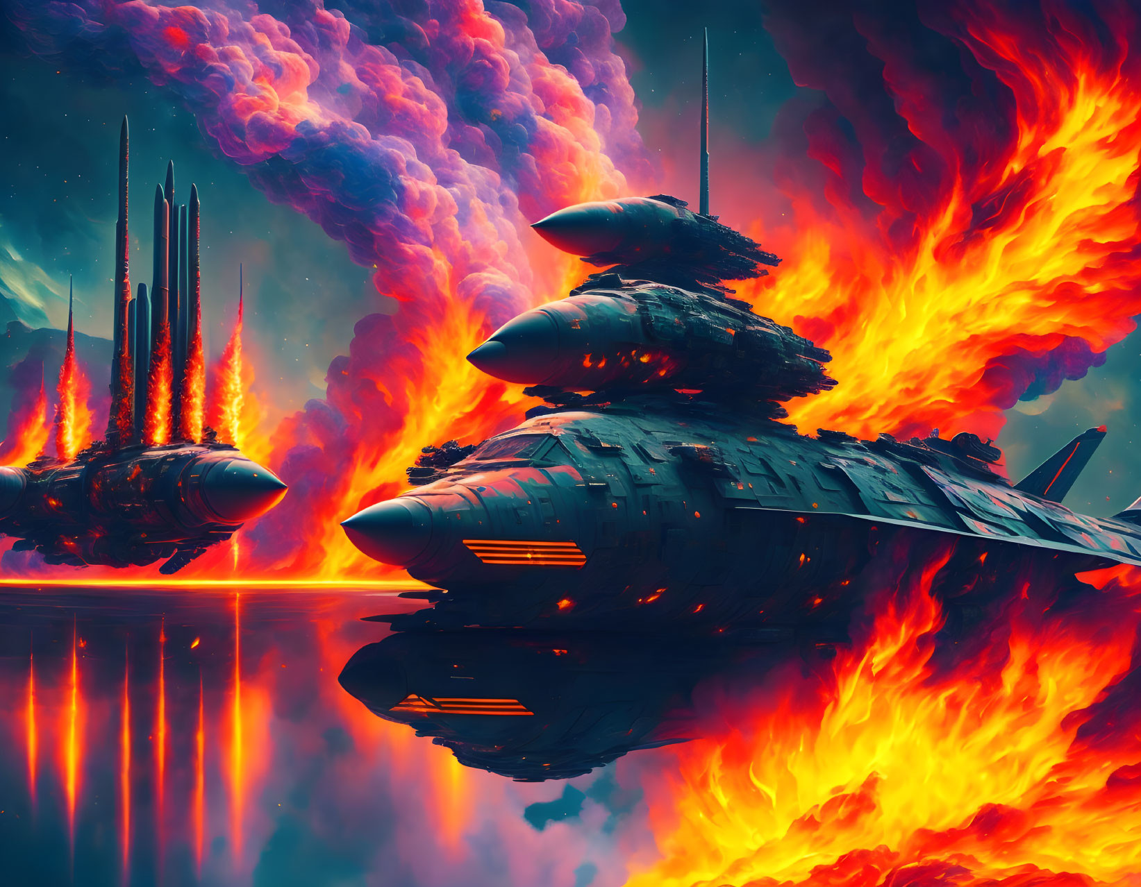 Futuristic spaceships over lava landscape with fiery clouds and alien sky.