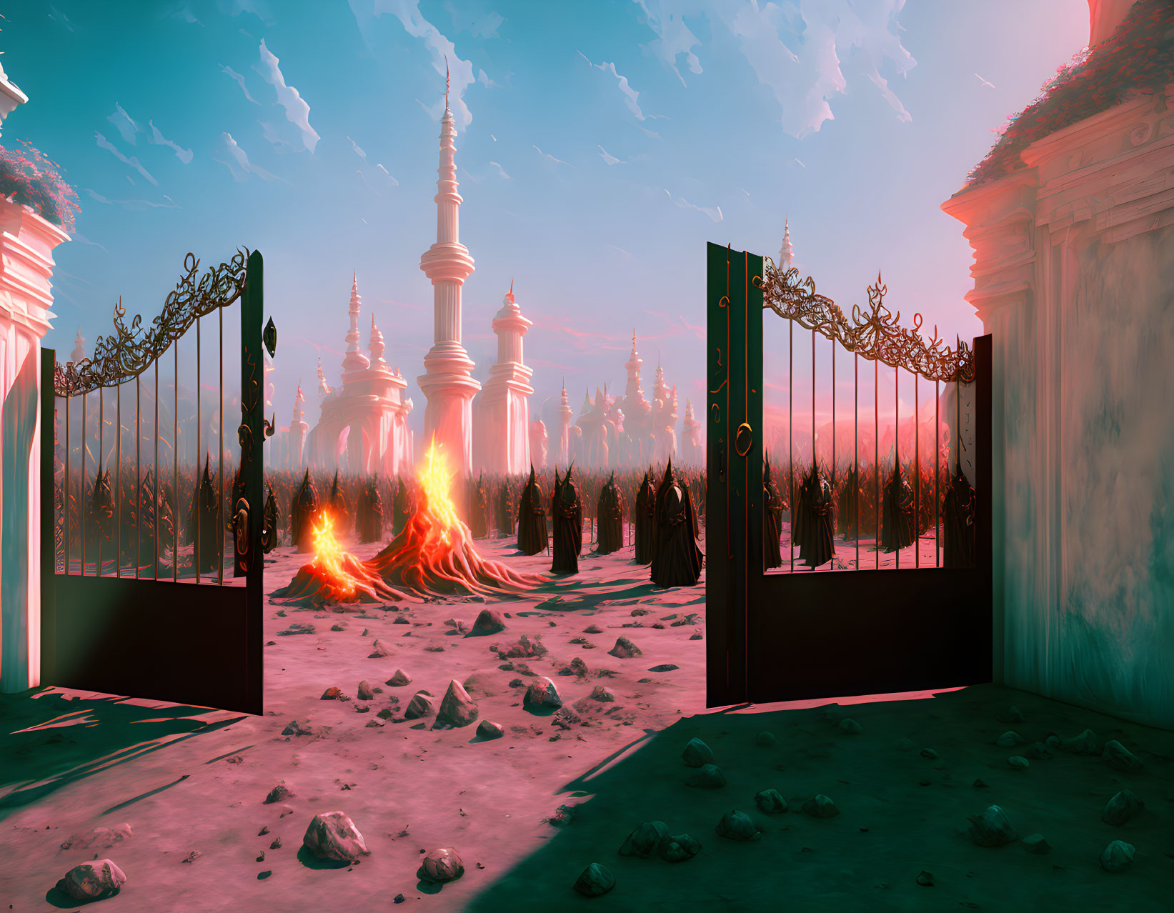 Ornate gate opens to surreal fiery figure and futuristic towers