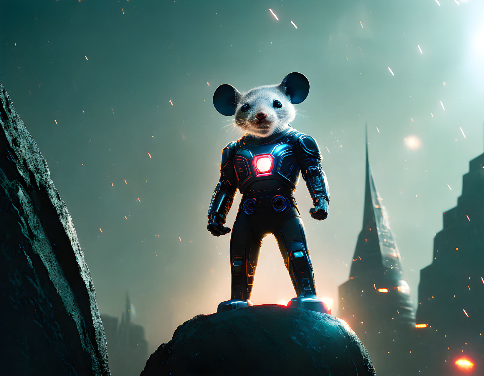 Futuristic superhero mouse on rock under neon lights