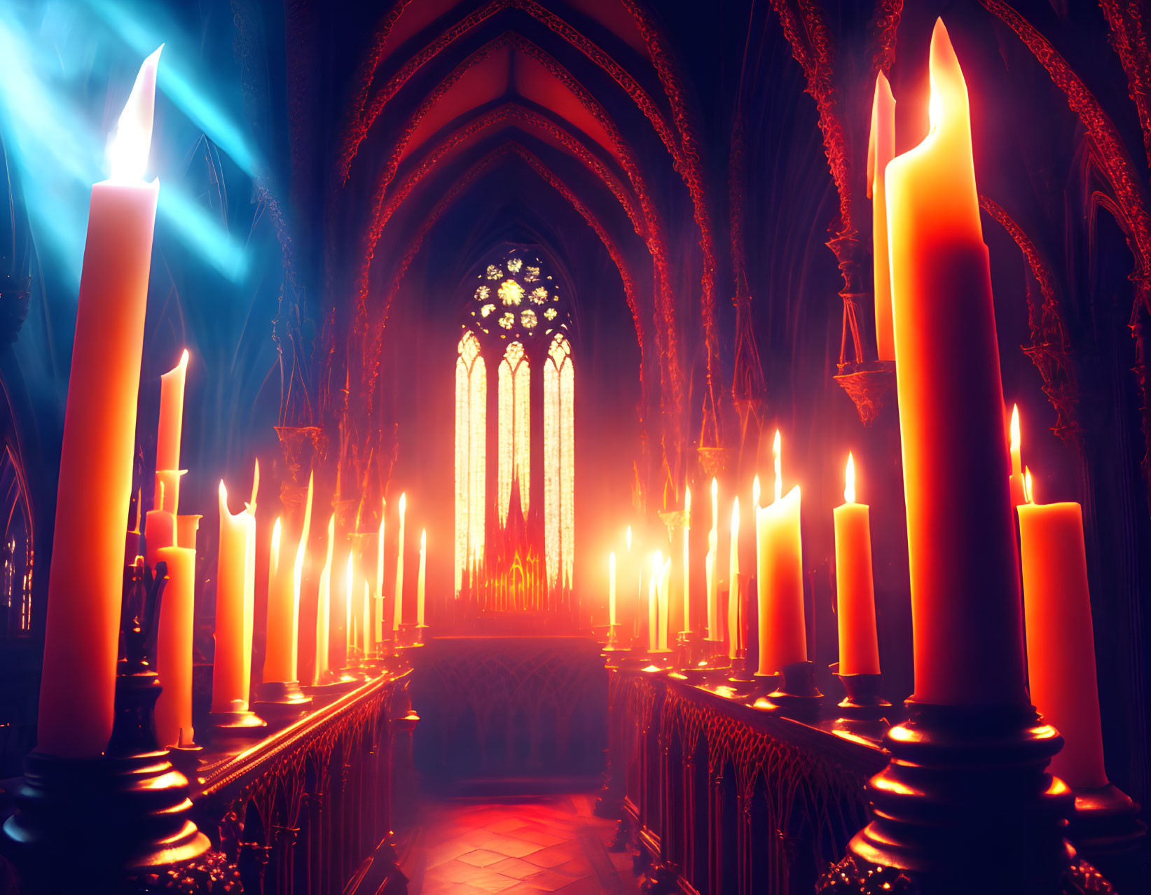 Gothic cathedral interior with lit candles and stained glass windows