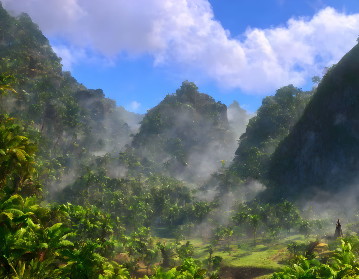 Misty tropical forest with lush greenery and mountains under clear blue sky