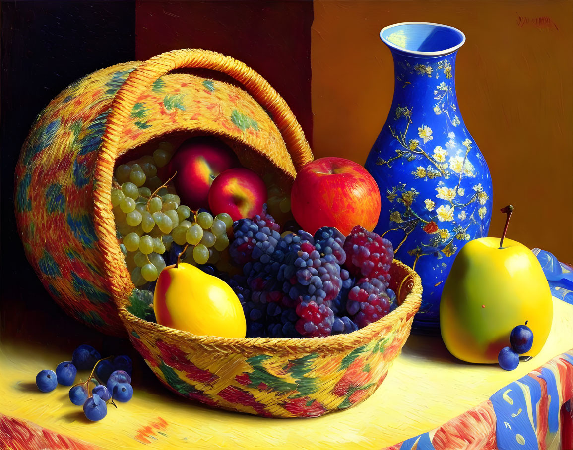 Colorful Fruit Basket and Ornate Vase Still Life on Yellow Surface