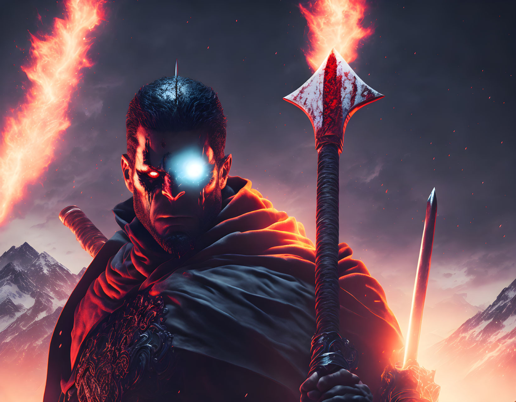 Warrior with glowing blue eye, bloodstained axe, and sword against fiery red sky.