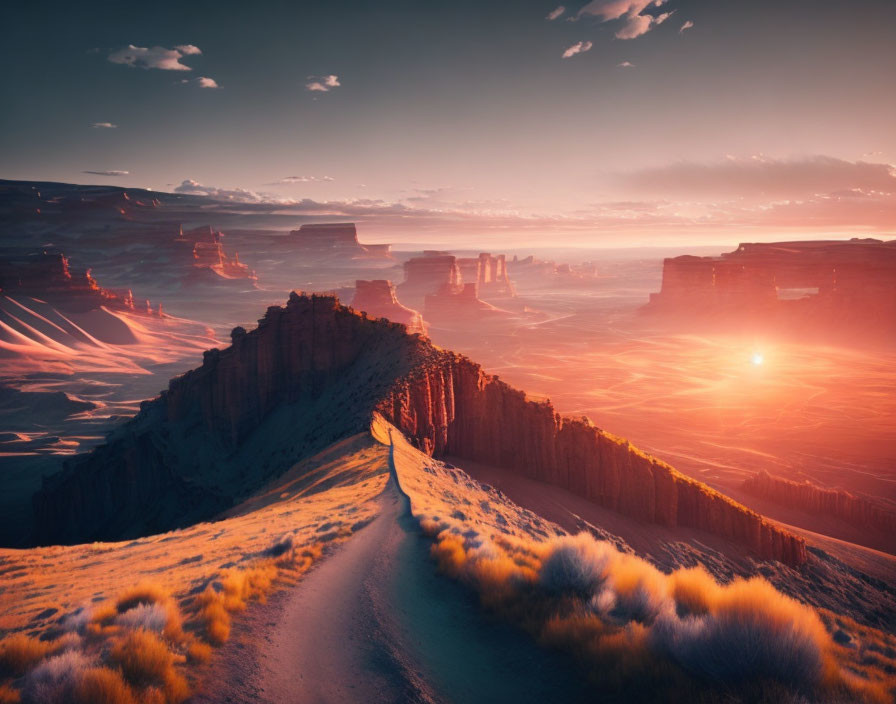 Desert landscape sunrise with winding path and rock formations