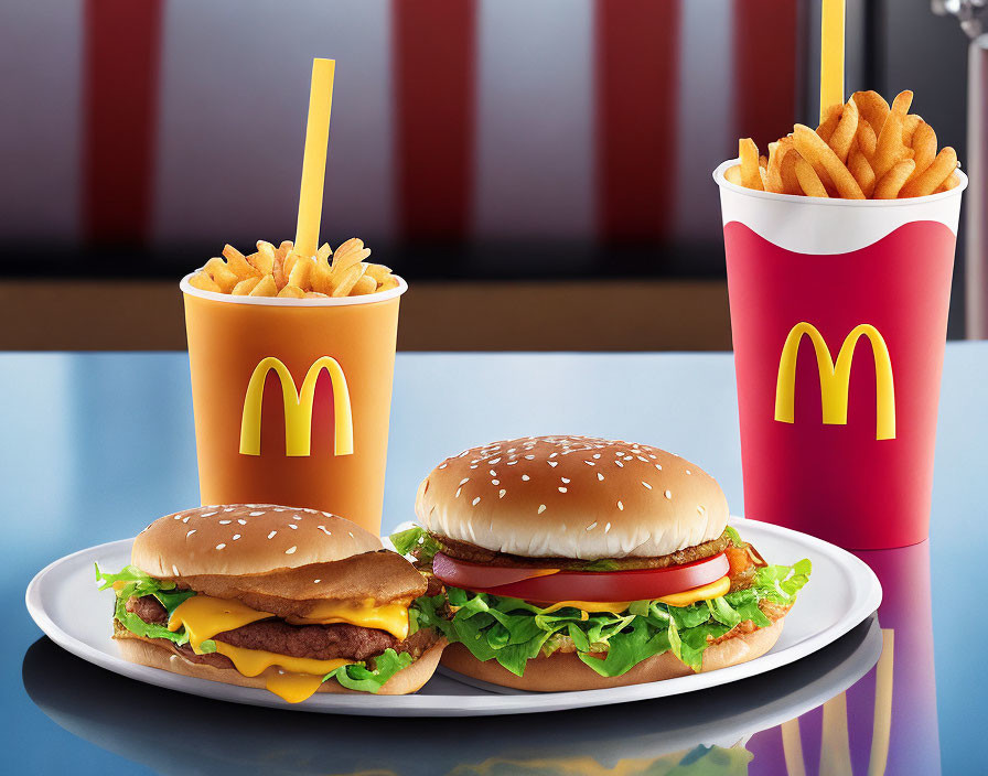 Fast-food meal with cheeseburger, fries, and drink on reflective table