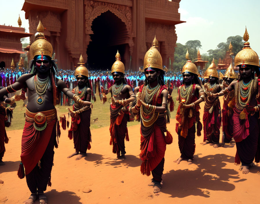 Traditional Indian Attire and Elaborate Headgear in Dance Procession