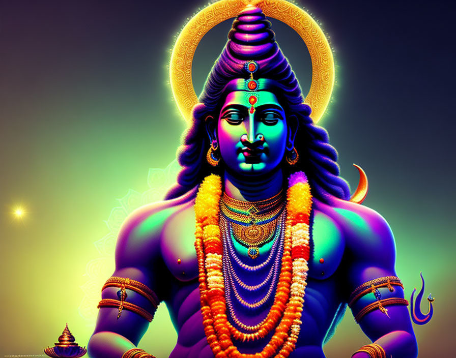 Blue-skinned deity with multiple arms and golden ornaments on gradient background