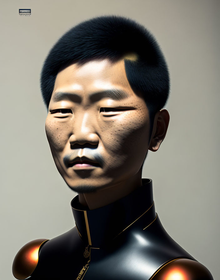 Realistic digital artwork of an Asian man in sleek black outfit with orange accents