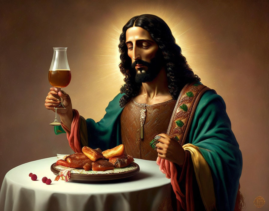 Man with halo holding wine glass and food on table