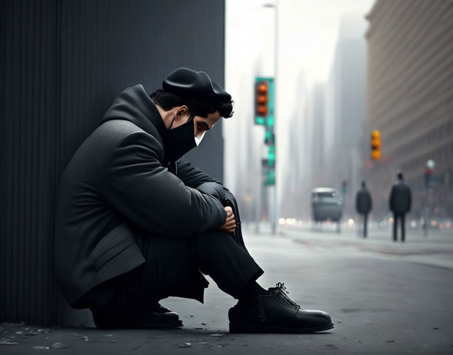 Man in Black Coat and Hat Wearing Face Mask Sitting on City Sidewalk