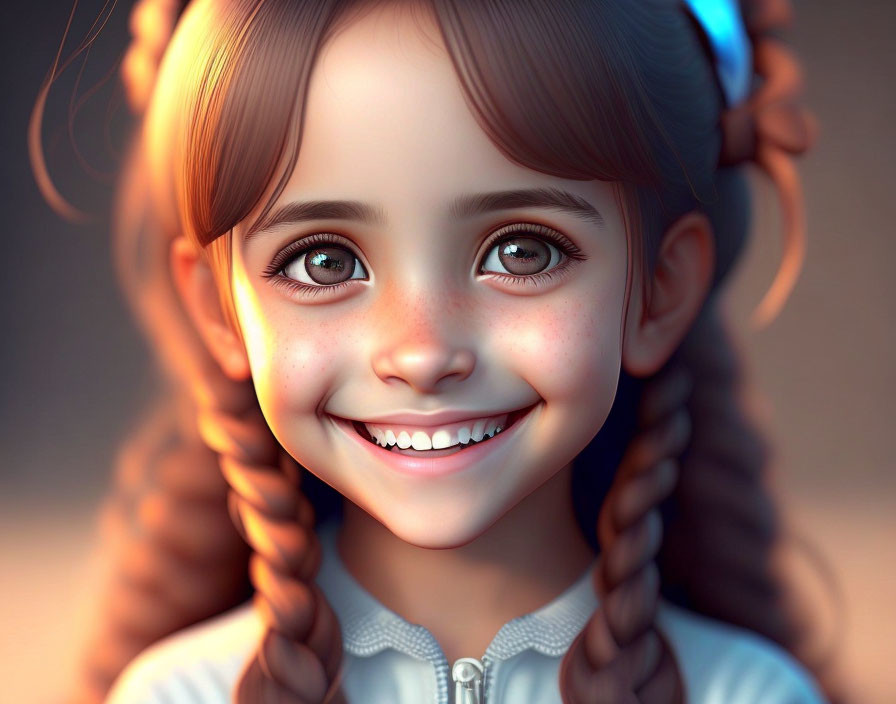 Digital artwork: Young girl with braided hair and sparkling eyes.