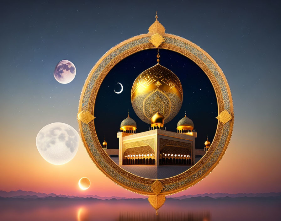 Fantasy illustration of ornate structure with domes in circular frame, celestial bodies, and twilight sky