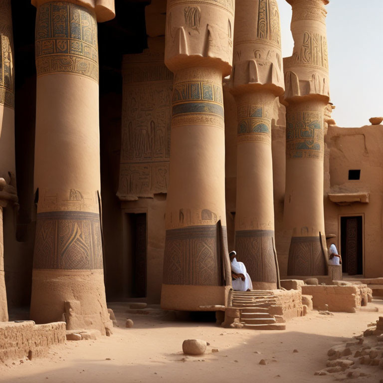 Ancient Egyptian temple columns with hieroglyphs and two people in white garments exploring historic ruins under