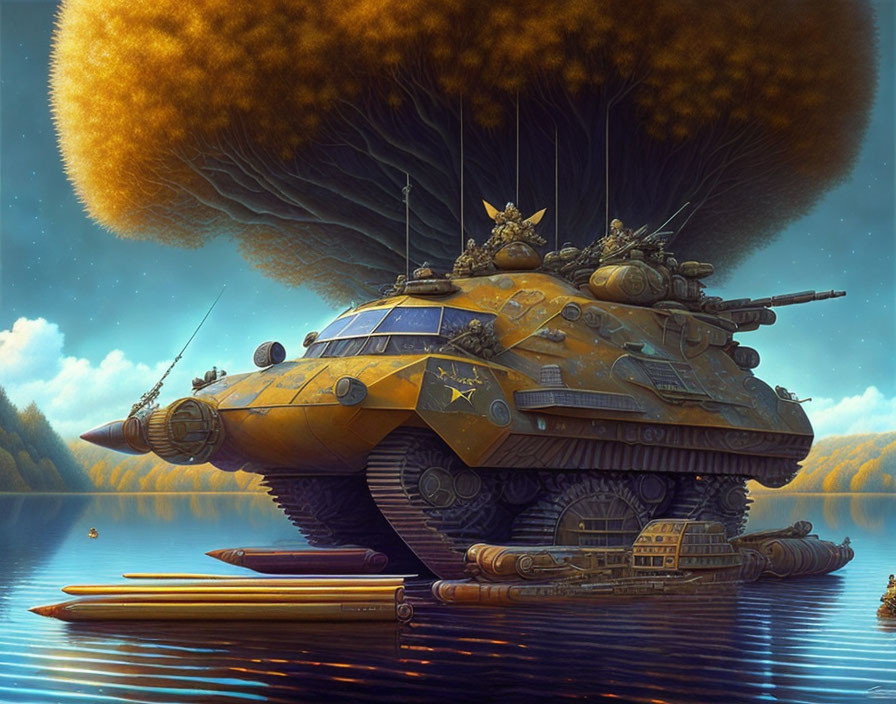 Yellow Armored Tank Crossing River Under Golden Foliage Canopy