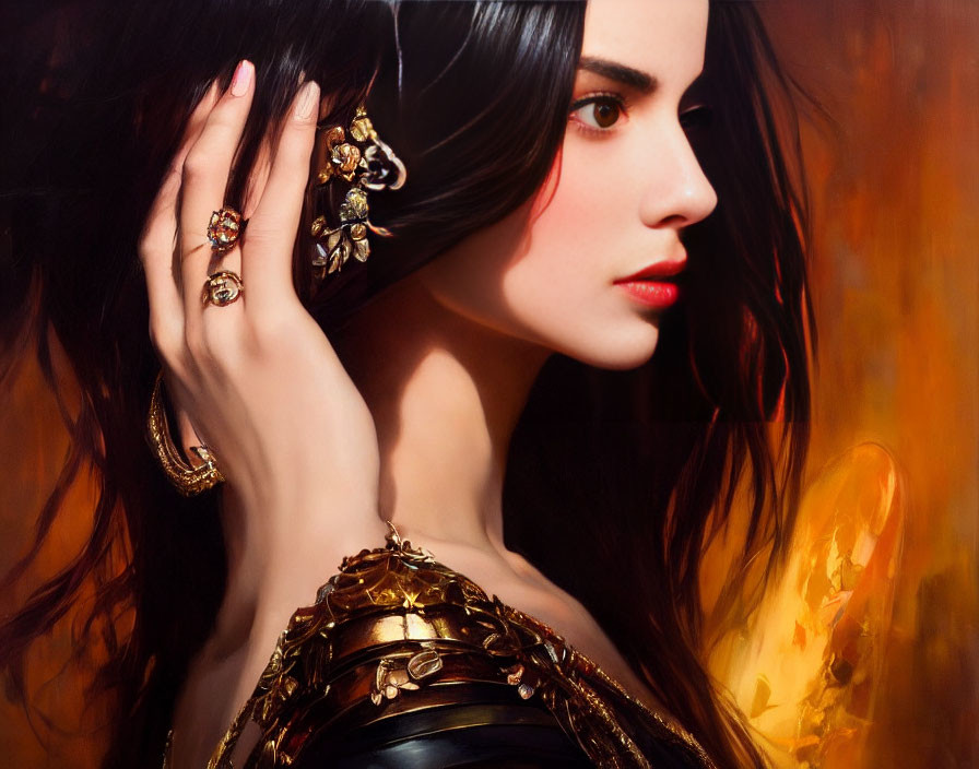 Dark-haired woman in red lipstick and gold jewelry against fiery backdrop