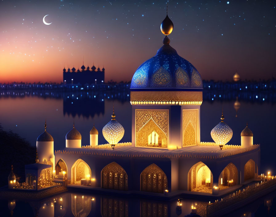 Intricate Mosque Design by Reflective Water at Night