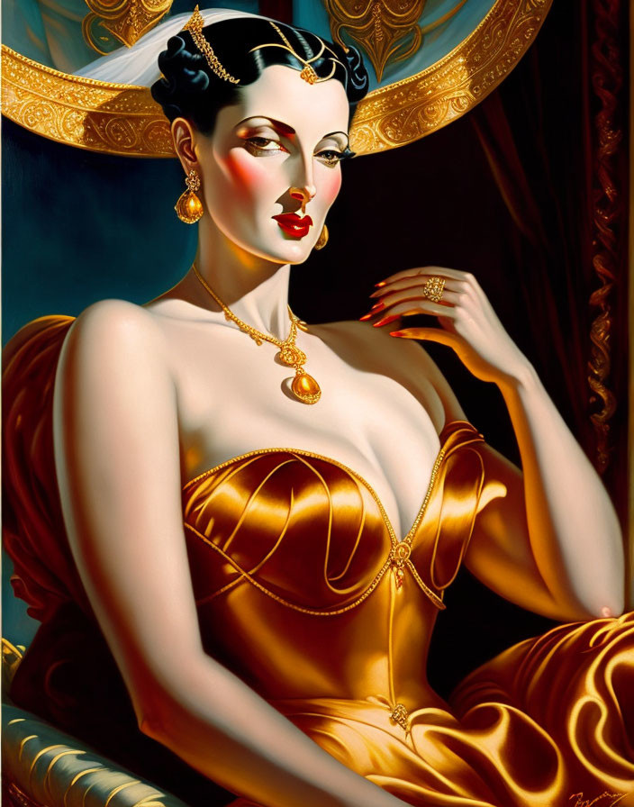 Woman with Dramatic Makeup, Golden Gown & Elegant Jewelry: Classic Hollywood Glamour