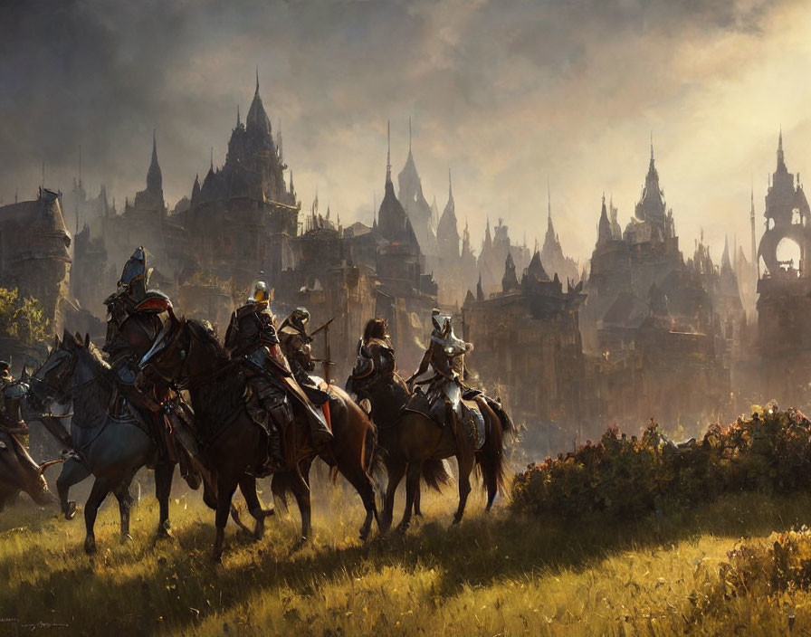 Knights on Horseback Approaching Medieval City at Sunrise