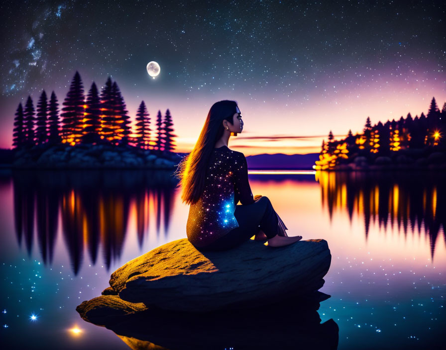 Woman sitting by lakeshore under starry sky with full moon and pine trees