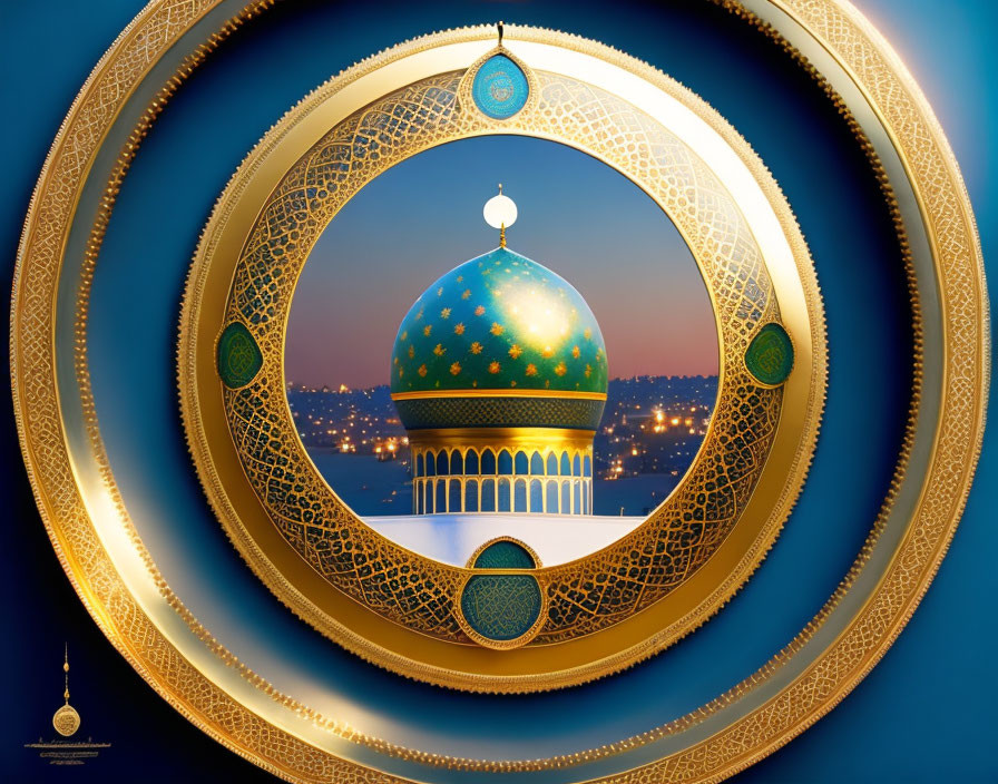 Circular Frame with Islamic Geometric Patterns and Mosque Dome at Twilight