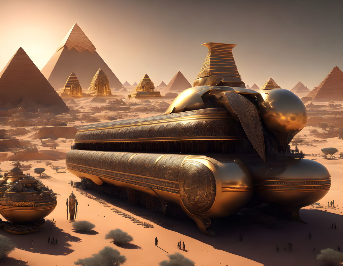 Futuristic desert landscape with pyramids and golden-black train under hazy sky