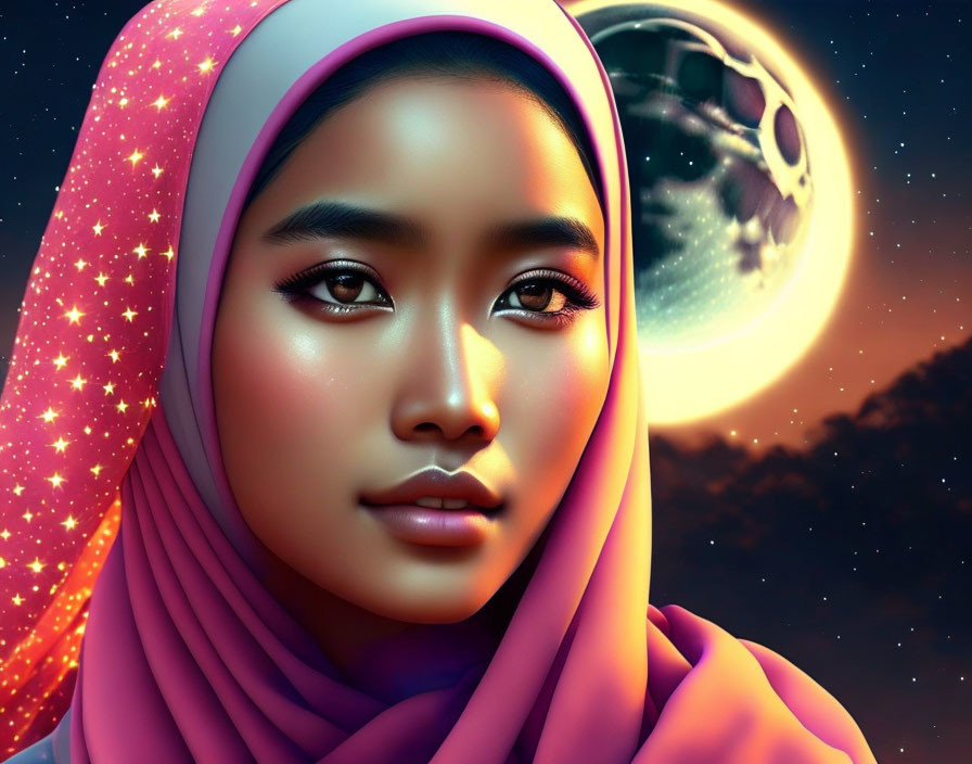 Digital Artwork of Woman in Pink Hijab with Celestial Background