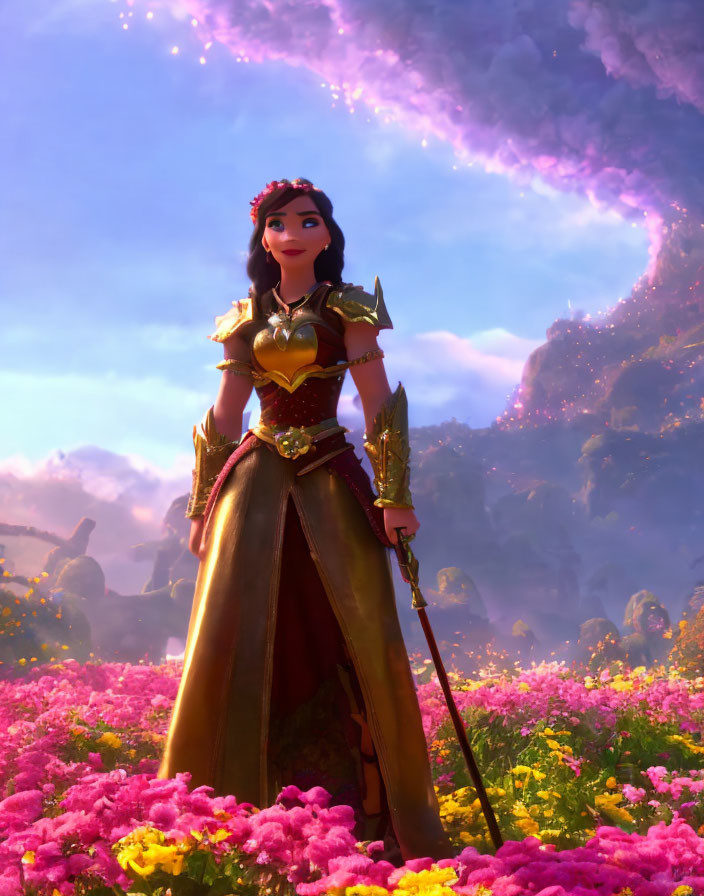 Animated Female Character in Golden Armor Surrounded by Vibrant Flowers