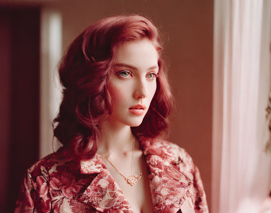 Portrait of a Woman with Auburn Wavy Hair in Floral Outfit