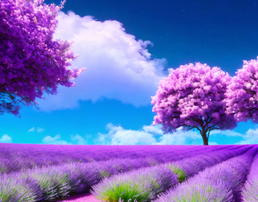 Picturesque Lavender Field with Purple Blooms and Pink Blossom Trees