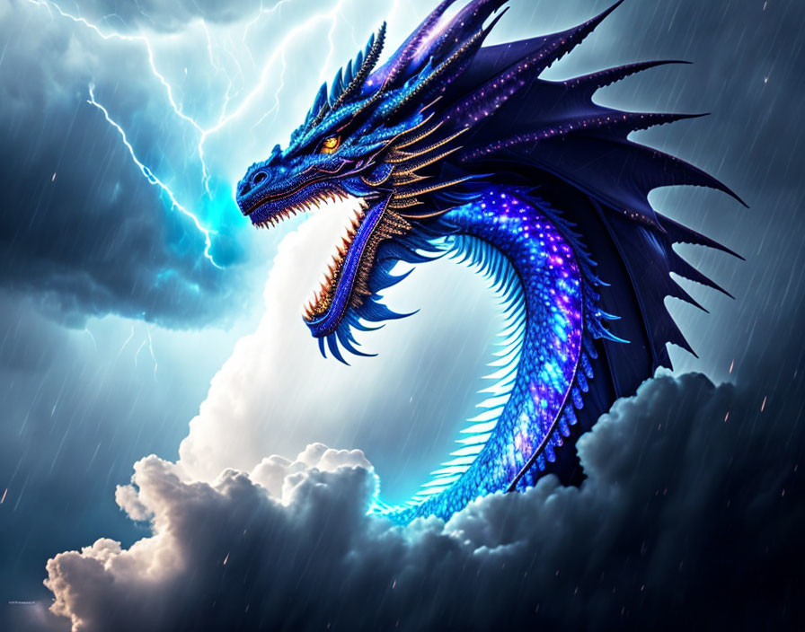 Blue Dragon Coiled in Stormy Skies with Lightning