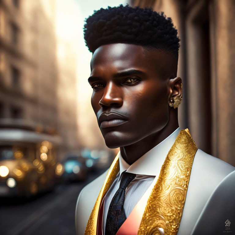 Stylish man in high-top fade hairstyle, black suit, gold shawl lapel, urban