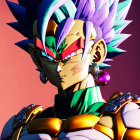 Animated character with spiky purple hair and teal glowing eyes in golden armor