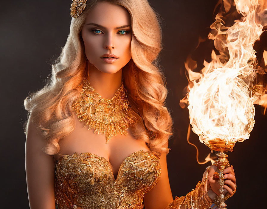 Blond Woman in Corset with Flaming Torch and Jewelry