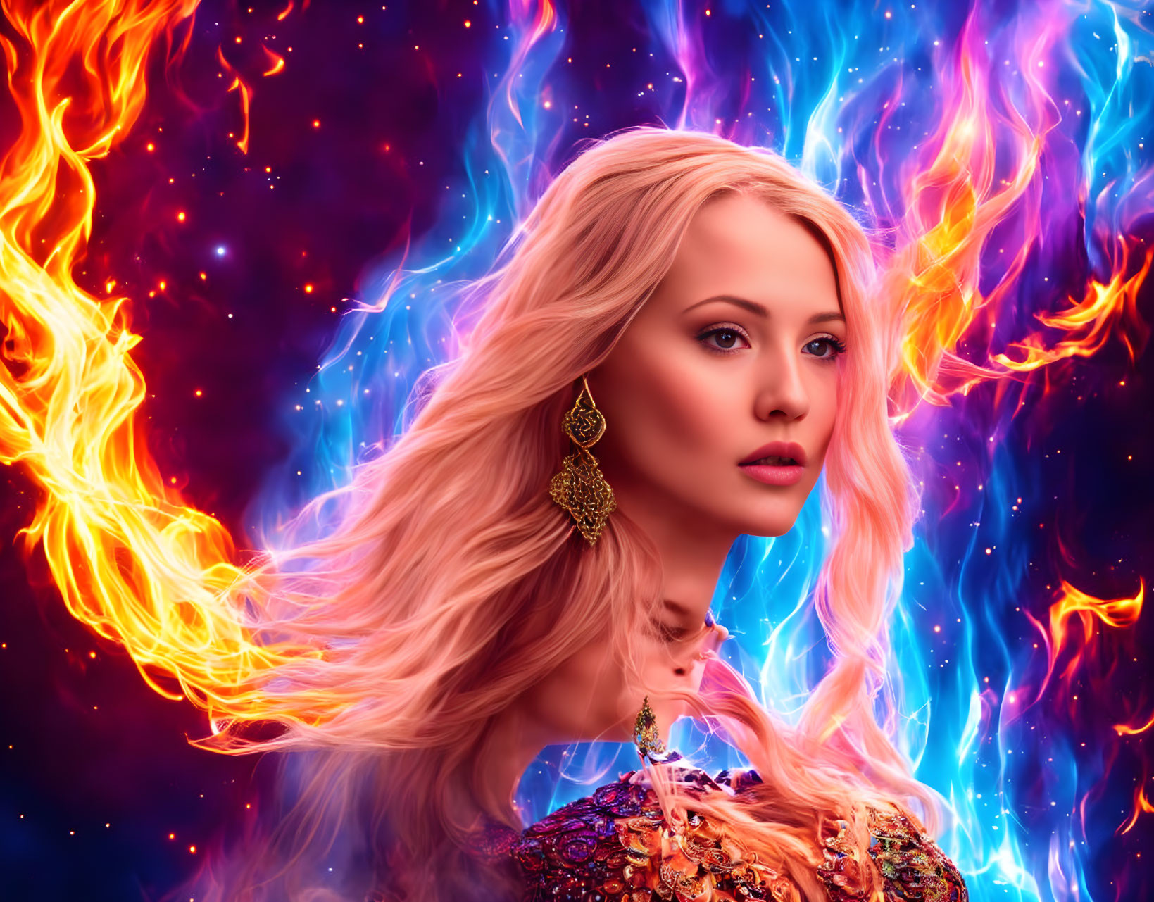 Blonde woman superimposed over fiery cosmic background