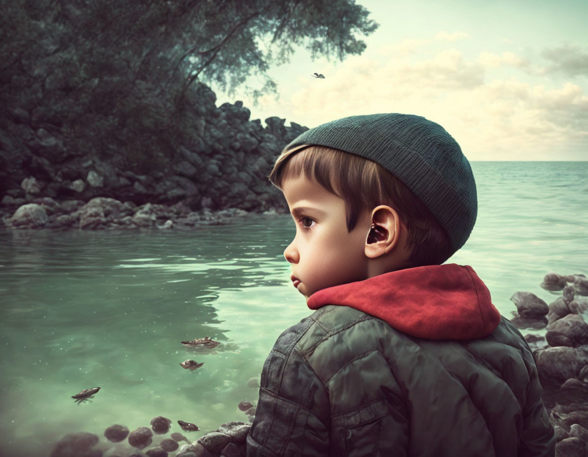 Young boy in green beanie and red-collar jacket by tranquil lake