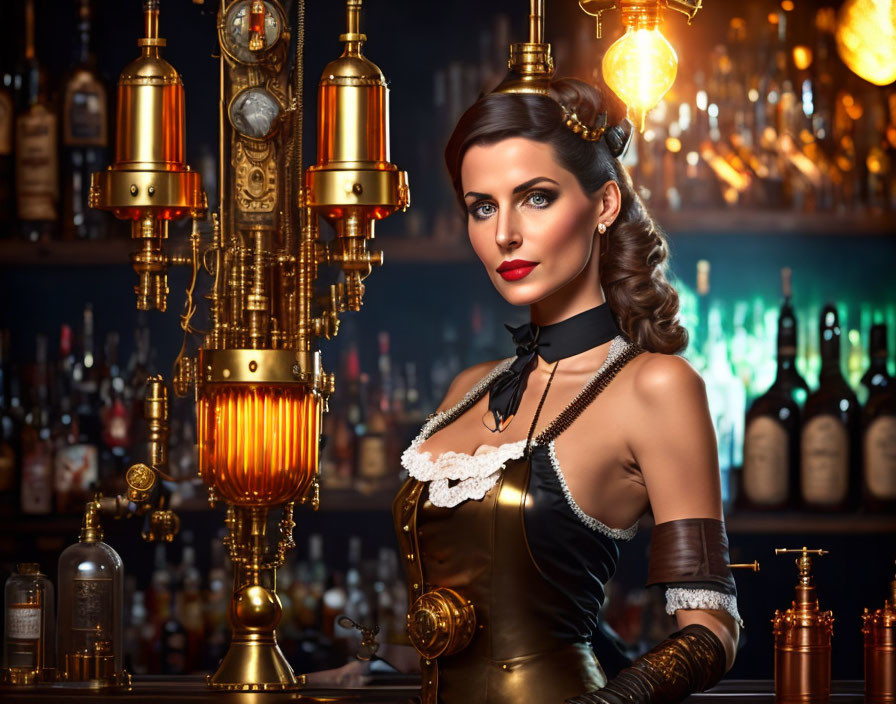 Vintage Barmaid in Elegant Setting with Retro Lighting