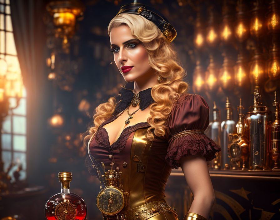 Steampunk woman in hat and corset by bar with vintage bottles