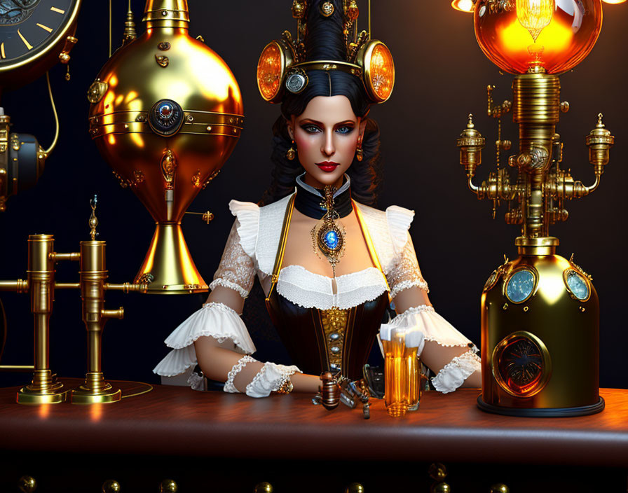 Steampunk-themed image: Woman in vintage attire with brass gadgets & glowing bulbs