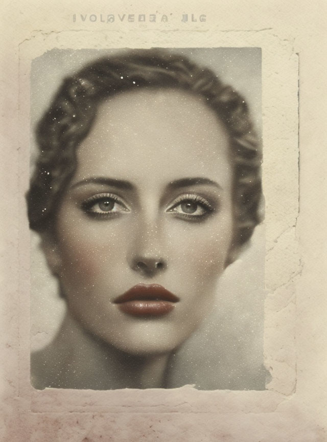 Portrait of woman with defined eyebrows, red lips, and braided hair on aged sepia background with